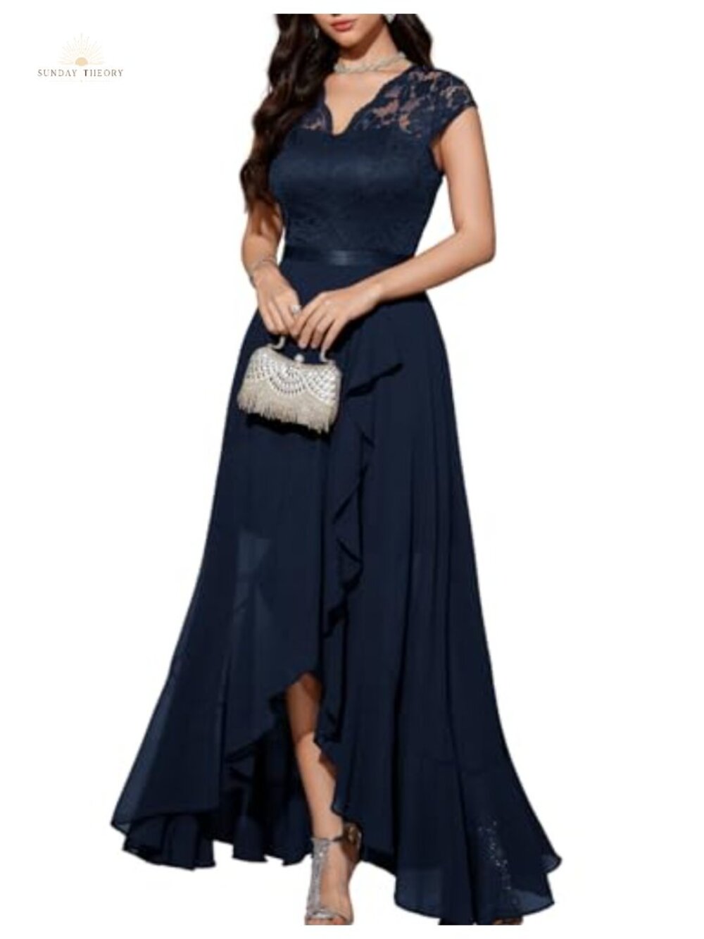 V-Neck Hi-Lo Lace Chiffon Cocktail Dress Tea Length Formal